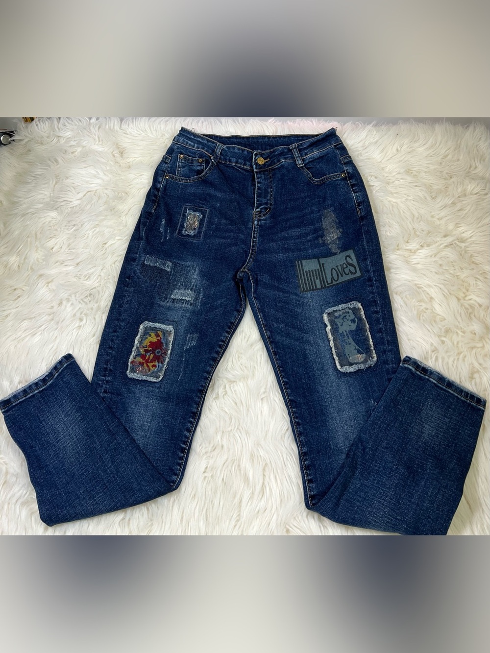 Fashion Jeans Patchwork Distressed Skinny Jeans Dark Wash Size 28